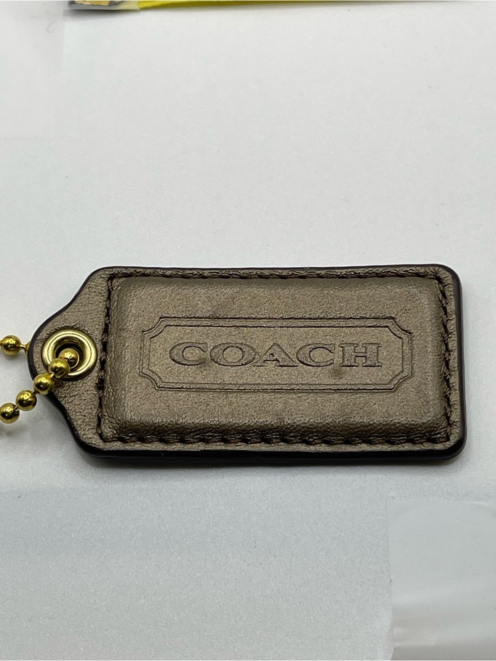 COACH Iridescent Brown Leather Hang Tag with Gold Chain